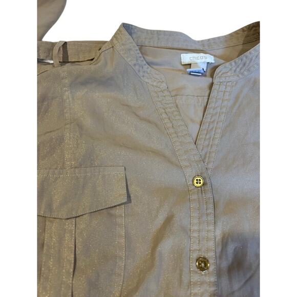 CHICO'S Tan V Neck  Lightweight Button Long Sleeve Travel Blouse Size 3 LARGE - Picture 8 of 9